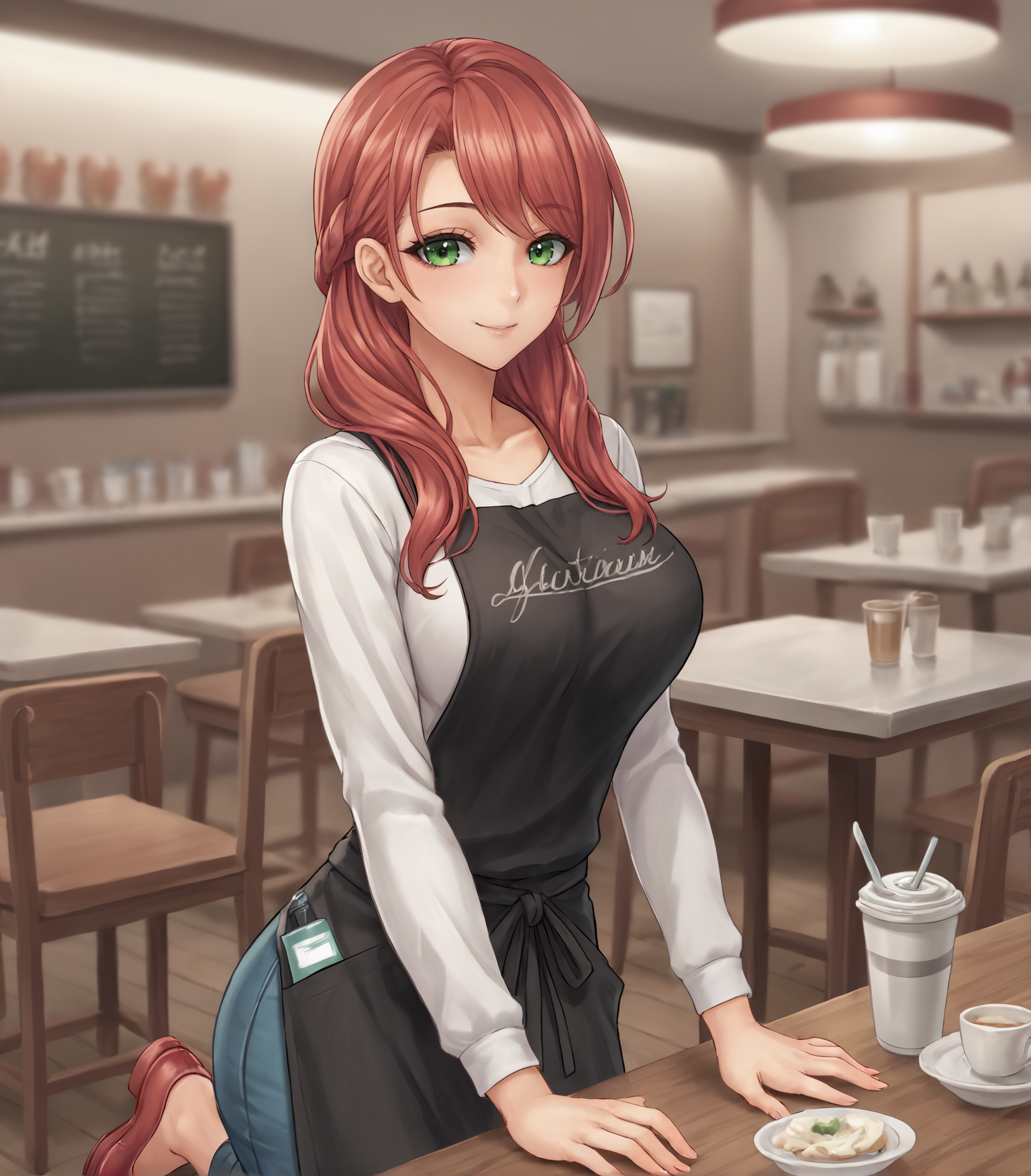 score_9, score_8_up, score_7_up, score_6_up, score_5_up, score_4_up, BREAK source_anime,
1girl, solo,   <lora:Paulette:0.9>, Paulette, red hair, long hair, green eyes, large breasts, white shirt, blue pants, black apron, red shoes,,   
looking at viewer, gentle smile, indoors, inside restaurant,  upper body, depth of field,
<lora:Racoonkun_Artist_Style:0.6>, racoonsan,,