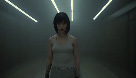 Motoko Kusanagi in Blade Runner 1982, neo noir, cyberpunk, cinema still medium shot 8k, wearing school uniform
