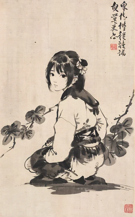 shukezouma, negative space, , shuimobysim , <lora:shukezouma_v1_1:0.8>,a brid sit on  branch, traditional chinese ink painting, <lora:shuimobysimV3:0.7>,