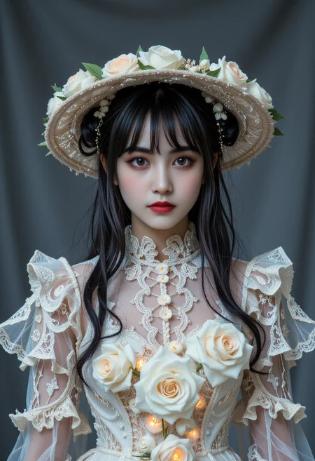 (Zhan Yihung V2:1.4),((black hair:1.2)),((double bun:1.1)),a symmetrical front view,close up shot,soft grey studio backdrop,capturing intricate textures and photo-realistic lighting,
A photo of a young Asian woman as a haunted flower witch,with a gown made of ghostly white petals and her hat decorated with roses that glow faintly. She stands in an ancient garden,her gaze calm and haunting. Shot with a 50mm lens,the moonlight casts a gentle glow,highlighting the details of her floral attire.,
<lora:Fiatist_Skin:0.1>,<lora:Zhan_Yihung_v2:1.5>,<lora:midjourney_whisper_flux_lora_v01:0.5>,<lora:flux-test-byrs:0.4>,<lora:Halloween_portrait_flux:1>,