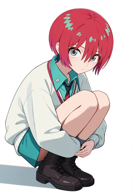 <lora:Amate Yuzuriha_illustrious-000040:1>,
Amate Yuzuriha,solo,short hair,squatting,necktie,long sleeves,skirt,closed mouth,collared shirt,white shirt,looking at viewer,white sweater,aqua shirt,aqua skirt,black boots,grey socks,white background,hugging_own_legs,