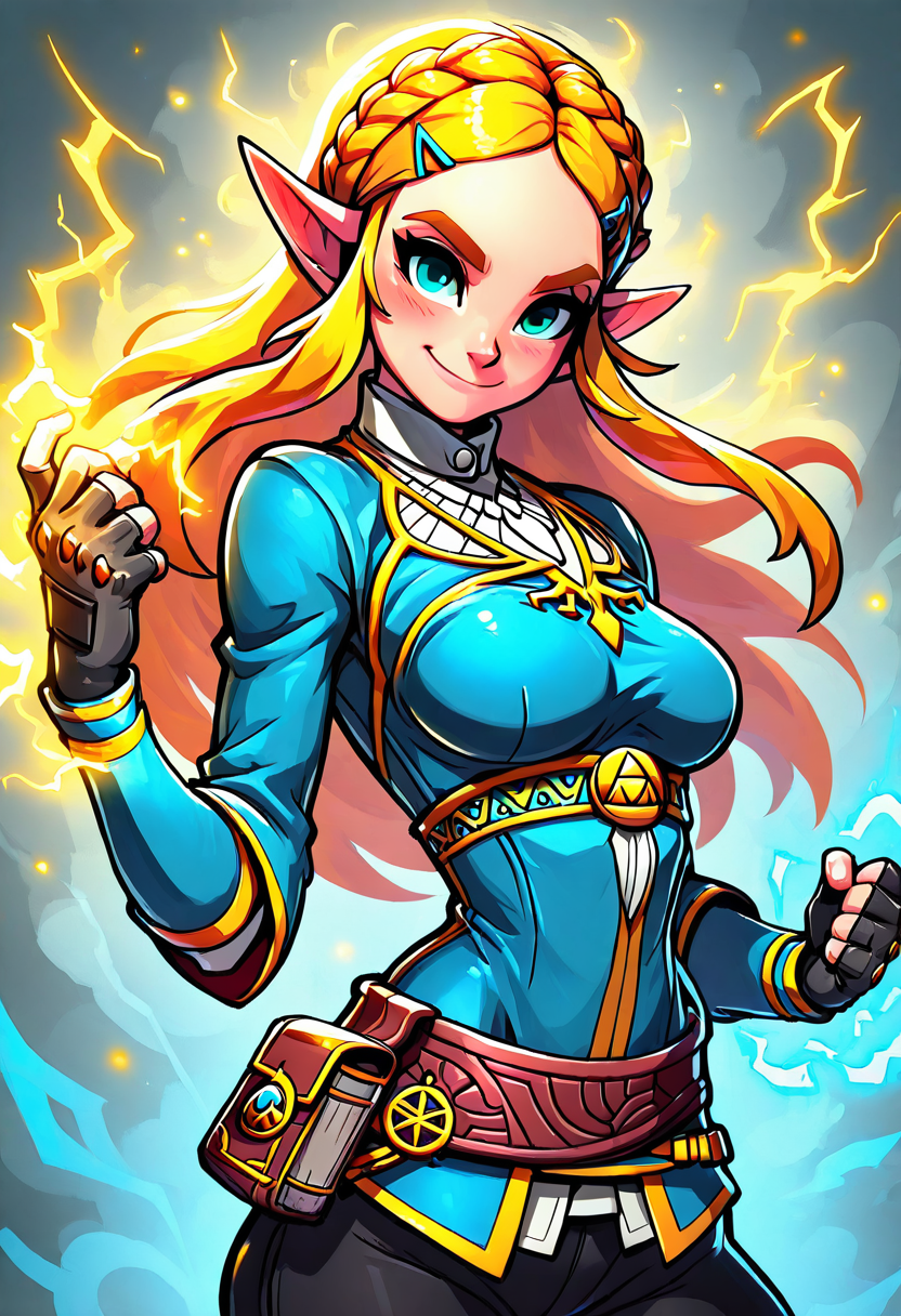 masterpiece, best quality, medium breasts, (curvy),   BREAK,  princess zelda, long hair, crown braid, hairclip, pointy ears, blue shirt, long sleeves, fingerless gloves, black gloves, black pants, tight pants, smile, curvy, head tilt, sitting,  ,,, ,,, <lora:ZankuroStyle_NAI:0.6>,smile, looking at viewer, cowboy shot,  aura, energy, electricity, dynamic pose, foreshortening,  <lora:EnergyCAT_NAI:0.8>,
