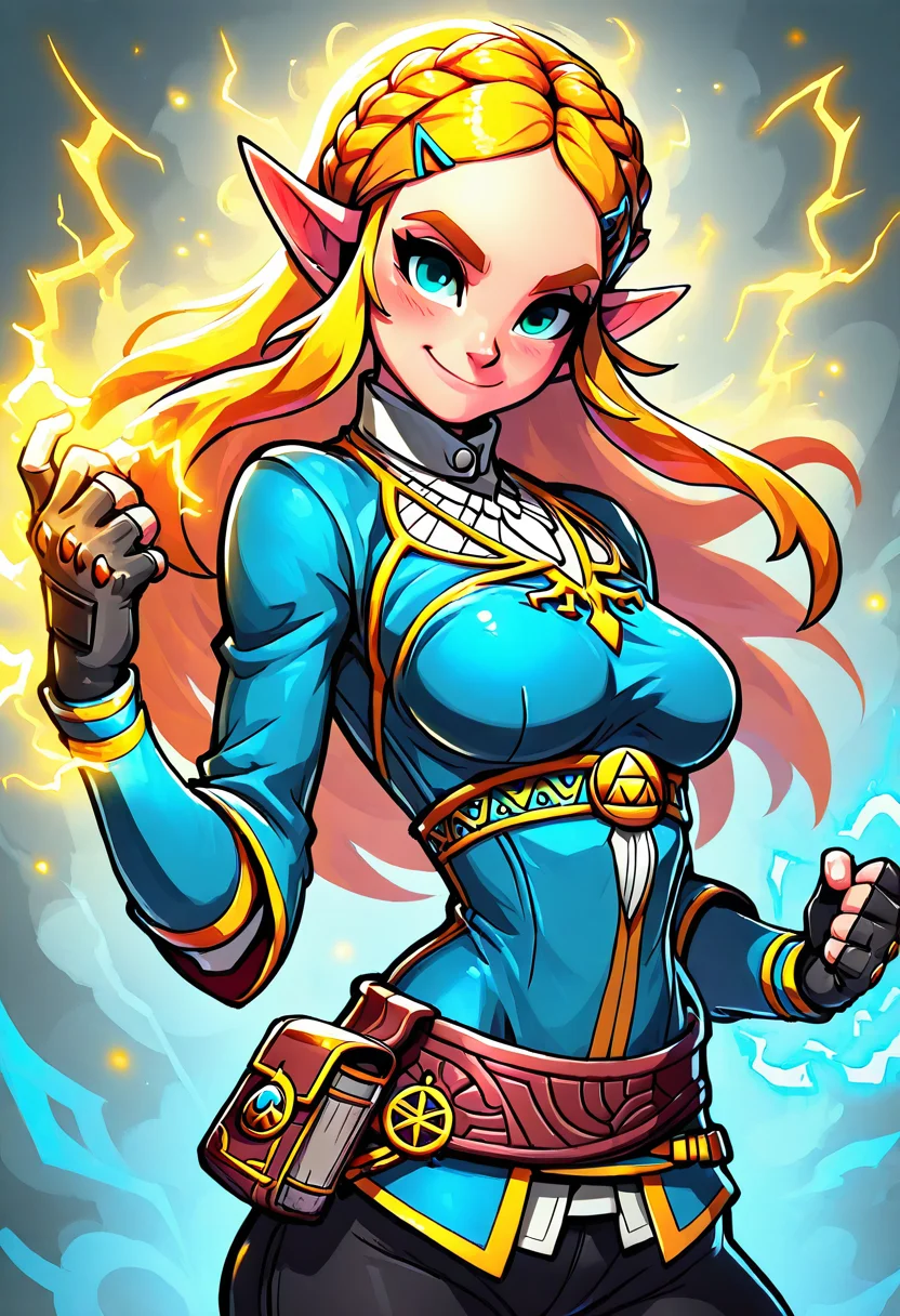 masterpiece, best quality, medium breasts, (curvy),   BREAK,  princess zelda, long hair, crown braid, hairclip, pointy ears, blue shirt, long sleeves, fingerless gloves, black gloves, black pants, tight pants, smile, curvy, head tilt, sitting,  ,,, ,,, <lora:ZankuroStyle_NAI:0.6>,smile, looking at viewer, cowboy shot,  aura, energy, electricity, dynamic pose, foreshortening,  <lora:EnergyCAT_NAI:0.8>,