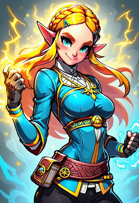 masterpiece, best quality, medium breasts, (curvy), BREAK, princess zelda, long hair, crown braid, hairclip, pointy ears, blue shirt, long sleeves, fingerless gloves, black gloves, black pants, tight pants, smile, curvy, head tilt, sitting, ,,, ,,, <lora:ZankuroStyle_NAI:0.6>,smile, looking at viewer, cowboy shot, aura, energy, electricity, dynamic pose, foreshortening, <lora:EnergyCAT_NAI:0.8>,