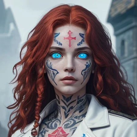 bright red hair, human female, (feminine:1.7), (beautiful face, detailed face:1.6), (beautiful eyes, detailed eyes:1.7), (looking at viewer, eye contact, intense:1.6), (long hair, red hair, curly hair:1.3), , ((masterpiece, best quality, high resolution, realistic, best quality,)), photo realistic, Perfect Face, (detailed face). <lora:GoodHands-vanilla:0.6> <lora:add-detail-xl:0.8>, mage, (Dress White military uniform coat), dagger, rune dagger, glowing runes, , (((glowing magic symbols tattoos, religious tattoos))), ((face tattoos)), glowing tattoos, stone tower in the background