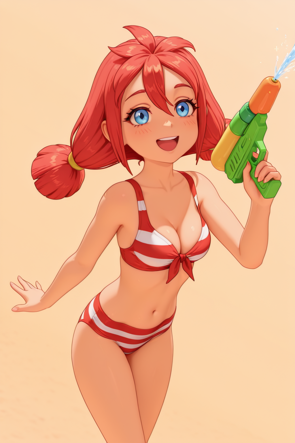 RIIIILF, BTBF, G3NSHIN, 3D, FUlyanaF, blue eyes, red hair, 1girl, solo, water gun, striped swimsuit, happy, medium breasts, cleavage, beach, simple background, soft, smooth, very aesthetic, masterpiece, best quality, amazing quality, 8k, ultra-HD, high detail