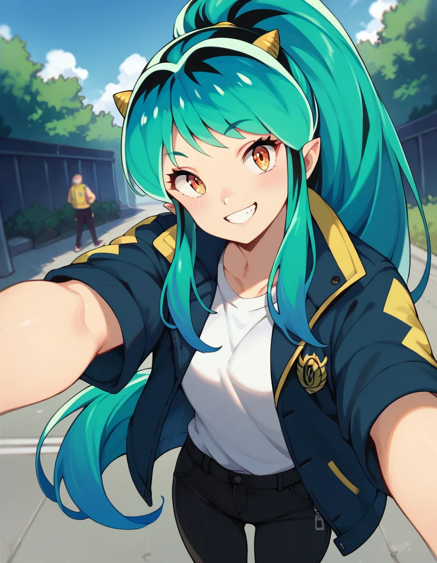 score_9, score_8_up, score_7_up, 1girl, <lora:lum:1>, lumxl, long hair,green hair, aqua hair, multicolored hair, oni, cone horns, pointy ears, shirt, jacket, shirt, open jacket, black pants, ponytail, pov, selfie, smile, light blush, outdoors