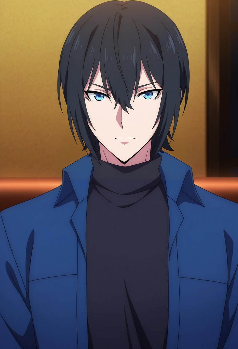 masterpiece, best quality, , anime screencap, , , looking at viewer, 1boy, solo, male focus, <lora:ren_amaki_ilxl:1>, ren_amaki, black hair, blue eyes, hair between eyes, , ,