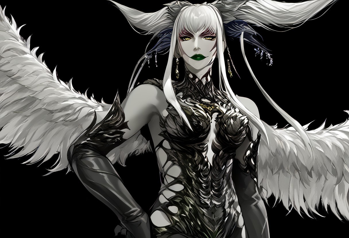 score_9, score_8_up, score_7_up, score_6_up, (haaru),
concept art, digital artwork, highly detailed, sharp focus, 
1girl, ffulti, 
yellow eyes, white hair, horns, long hair, facial mark, large breasts, leg tattoo
lipstick, earrings, necklace, feather trim, red dress, side slit, fur trim, plunging neckline, cleavage, navel, long dress, black wings,
confident, grin, hand on hip, looking at viewer,
1girl, Garuda,
head wings, monster girl, female, green lips, black feathers, large wings, fingernails, multiple wings, feathered wings, black body, yellow eyes, claws, feathers, armor,
Smirk, challenging look, hands under chest, looking at viewer,
1girl, omega_f,
colored skin, gray skin, pale skin, white hair, long hair, ponytail, sidelocks, pink eyes,
black bodysuit, silver trim, earrings, bare shoulders, elbow gloves, hip vents, black ribbon on waist, ribbon on back, heelboots,
Serious, neutral, looking at viewer,
1girl, yotsuyu_ff14,
long hair, black_hair, japanese clothes, (mole_under_mouth:0.8), straight_hair, hime_cut, pale yellow eyes,
smoking pipe in hand, bored, looking at viewer,
monochrome, black background,
