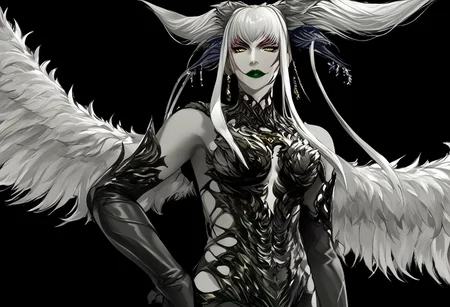 score_9, score_8_up, score_7_up, score_6_up, (haaru),
concept art, digital artwork, highly detailed, sharp focus,
1girl, ffulti,
yellow eyes, white hair, horns, long hair, facial mark, large breasts, leg tattoo
lipstick, earrings, necklace, feather trim, red dress, side slit, fur trim, plunging neckline, cleavage, navel, long dress, black wings,
confident, grin, hand on hip, looking at viewer,
1girl, Garuda,
head wings, monster girl, female, green lips, black feathers, large wings, fingernails, multiple wings, feathered wings, black body, yellow eyes, claws, feathers, armor,
Smirk, challenging look, hands under chest, looking at viewer,
1girl, omega_f,
colored skin, gray skin, pale skin, white hair, long hair, ponytail, sidelocks, pink eyes,
black bodysuit, silver trim, earrings, bare shoulders, elbow gloves, hip vents, black ribbon on waist, ribbon on back, heelboots,
Serious, neutral, looking at viewer,
1girl, yotsuyu_ff14,
long hair, black_hair, japanese clothes, (mole_under_mouth:0.8), straight_hair, hime_cut, pale yellow eyes,
smoking pipe in hand, bored, looking at viewer,
monochrome, black background,