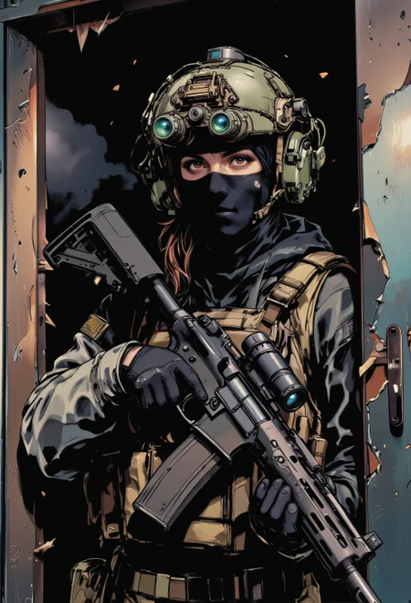 in the style of ck-mgs, in the style of cksc, detailed illustration of ultra-realistic_cinematic_poster, female_tactical_swat_operator_in_action, black_balaclava_mask, (wearing on head n0ds quad-tube optical device housing is (green) and are attached to the front of the protective headpiece and feature (green) circular lenses, that are arranged horizontally above the eyeline with integrated hearing protection), mp5_suppressor_high_detail, splintered_wooden_door_frame, dramatic_combat_pose, layered_tactical_gear_with_harness, dimly_lit_indoor_environment, , high-contrast_lighting, subtle_smoke_and_wood_debris_in_air, tense_and_dynamic_action_scene, gritty_and_moody_vibes, cinematic_composition_with_shadow_depth, weapon_focus_with_cinematic_highlights, combat_operator_centerpiece, detailed_texture_on_gloves_and_gear, intense_shadows_and_soft_ambient_glow, urban_tactical_raid_aesthetic, SWAT-inspired_dramatic_moment, tight_cropping_for_emphasis, shadowy_background_with_high_contrast, action_film_poster_mood, precise_lighting_on_weapon_and_gear, muted_dark_color_scheme, subtle_motion_blur_effects_on_splinters. US NAVY SEALS from the 90's vibe CQB close quarters combat. image from the kness up
<lora:ck-MetalGearSolid:0.55>
<lora:ck-Sci-Fi-Concepts:0.1>
<lora:Nods_NightVisionGoggles:0.9>
<lora:ck-nc-luminal-genesis:0.2>
<lora:RetroAnimeFluxV1:0.4> <lora:ck-shadow-circuit:0.4>