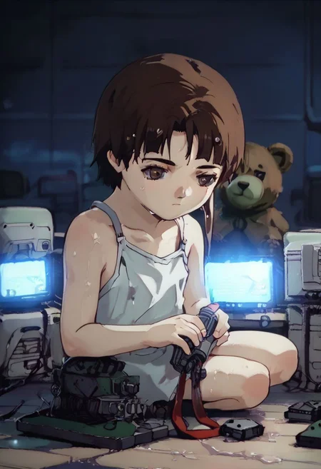 score_9, score_8_up, score_7_up, score_6, source_anime, lain, kneeling, chibi, kawaii, white camisole, (((fixing computer, broken screen, screwdrivers, tools))), jaded, annoyed, dark computer room, watercooling systems, computer screens, computer room, computers, computer cables, networl cableslain's bedroom, ((low light, pitch dark)), dark night, dark ambiance, (((puddles, wet floor))), night, teddy bears background