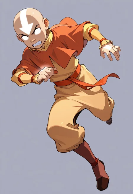 masterpiece, absurdres, high quality, perfect anatomy, 1boy, solo, cute boy, male focus, angry, teeth clenched, Aang, bald, Avatar state, Glowing White Eyes, no pupils, Glowing White Facial Marking, Glowing White Arrow (Symbol) Tattoo On Forehead, Glowing White Arrow (Symbol) Tattoo on Hands, Glowing White Body Markings, glowing white Arrow (Symbol) Tattoo on feet, Air Nomad Outfit, Yellow Shirt, Long Sleeves, Orange Capelet, Orange Sash Belt, Yellow Pants, Brown Boots, simple background,