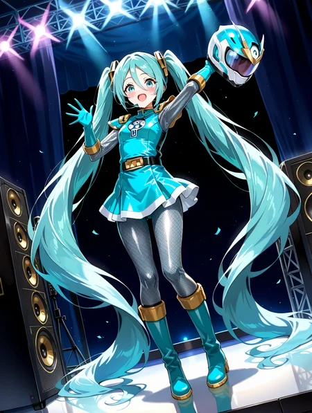 masterpiece, best quality, amazing quality, very aesthetic, absurdres, newest, , full body, panorama,
1girl, very sweaty, blush, singing, arm waving, helmet, aqua helmet, holding helmet, joyful expression, dutch angle, good_hands, ,
sentaikageblue, absurdly long hair, aqua hair, twintails, hair ornament, sidelocks, hair between eyes, parted bangs, aqua eyes, detailed face, detailed hair, detailed facial features, , shiny clothes, spandex, silver bodysuit, fishnet bodysuit, bodysuit under clothes, aqua dress, shoulder pads, aqua skirt, black belt, aqua gloves, boots, aqua footwear, colored shoe soles, detailed body, ,
indoors, on stage, sound facility, microphone, stage lighting, perfect lights, high quality, <lora:spo_sdxl_10ep_4k-data_lora_webui:1>,<lora:pony_good_hands:0.9>,<lora:Hatsune Miku(voi)-Pony:1>,<lora:Kage_Blue:1>,<lora:offset_0.2:0.3>