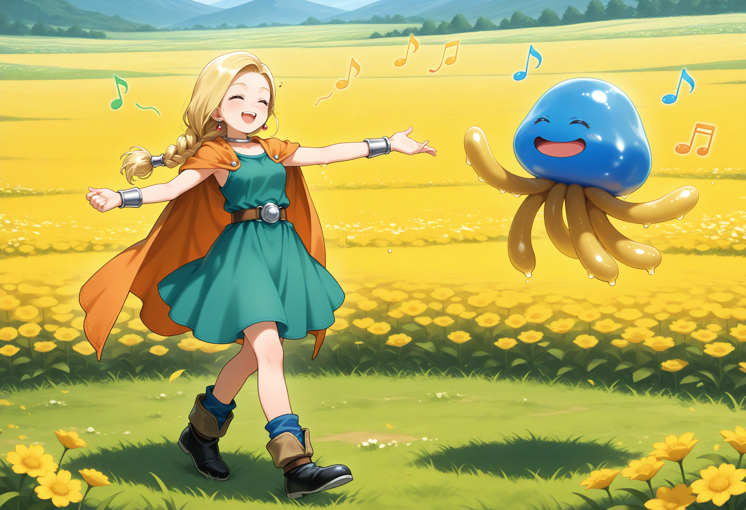masterpiece,extreme detailed,outdoors,field,full body BREAK hoimin1,2others,no humans,yellow tentacles,:d,slime (creature),blue_skin,<lora:hoimin_(dq)-NAI:1>,smile,closed eyes,happy,singing,musical note,singing,floating,
masterpiece,extreme detailed,outdoors,field,full body BREAK 2girls,bianca \(dq5\),blonde hair,blue eyes,braid,braided ponytail,long hair,belt,brown belt,cape,dress,earrings,jewelry,green dress,happy,singing,dancing,musical note,smile,closed eyes,happy,