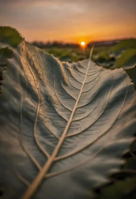 F-B-C, foreground: a leaf depth of field , background: sunset , effect:
the veins of a leaf flow to the sun like a river