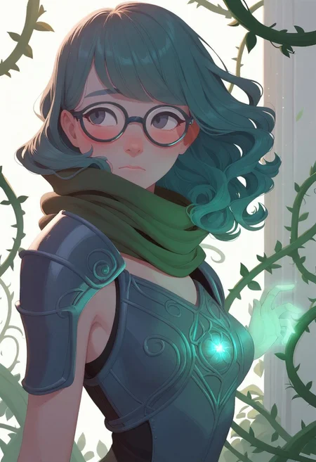 score_9, score_8_up, score_7_up, score_6_up, CMRNM, 1girl, beautiful, green hair, long wavy hair, bangs, glasses, fair skin, small breasts, scarf, leather armor, plant magic, vines, arm raised, casting spell, glowing magic, glowing plants, twisting vines, patio, marble columns, dappled sunlight, upper body, shy, blushing, focused