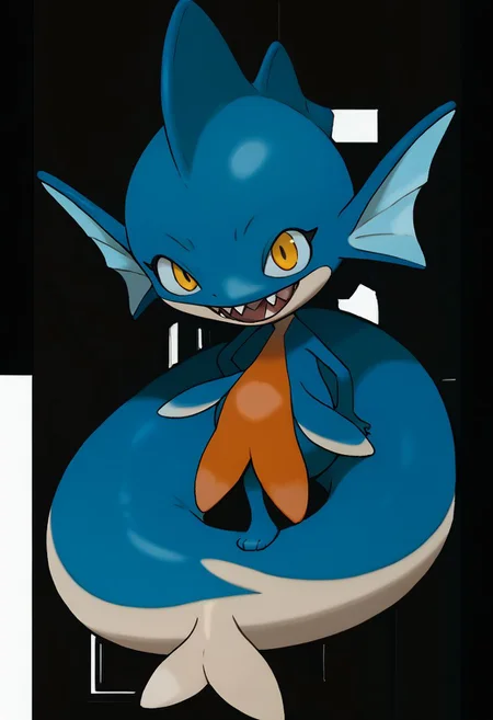 score_9, score_8_up, score_7_up,Create an image of a whimsical cartoonish aquatic creature. It should have a dynamic and balanced profile composition, centered with plenty of negative space around it. The creature should have a light blue body with darker blue back fins and a curved tail to imply movement. Its facial features include oversized, round yellow eyes with red-orange rims, and a wide mouth with sharp white teeth. It should have small, pointed cheek fins and a lighter colored belly. The illustration should be in a bold, cartoon style with clean lines of varying thickness, flat colors with minimal shading, and no texture to emphasize smoothness. The background should be transparent to allow for easy integration into various scenes or uses. The overall feeling should be playful yet formidable, suitable for a character in a game or a story., zPDXL