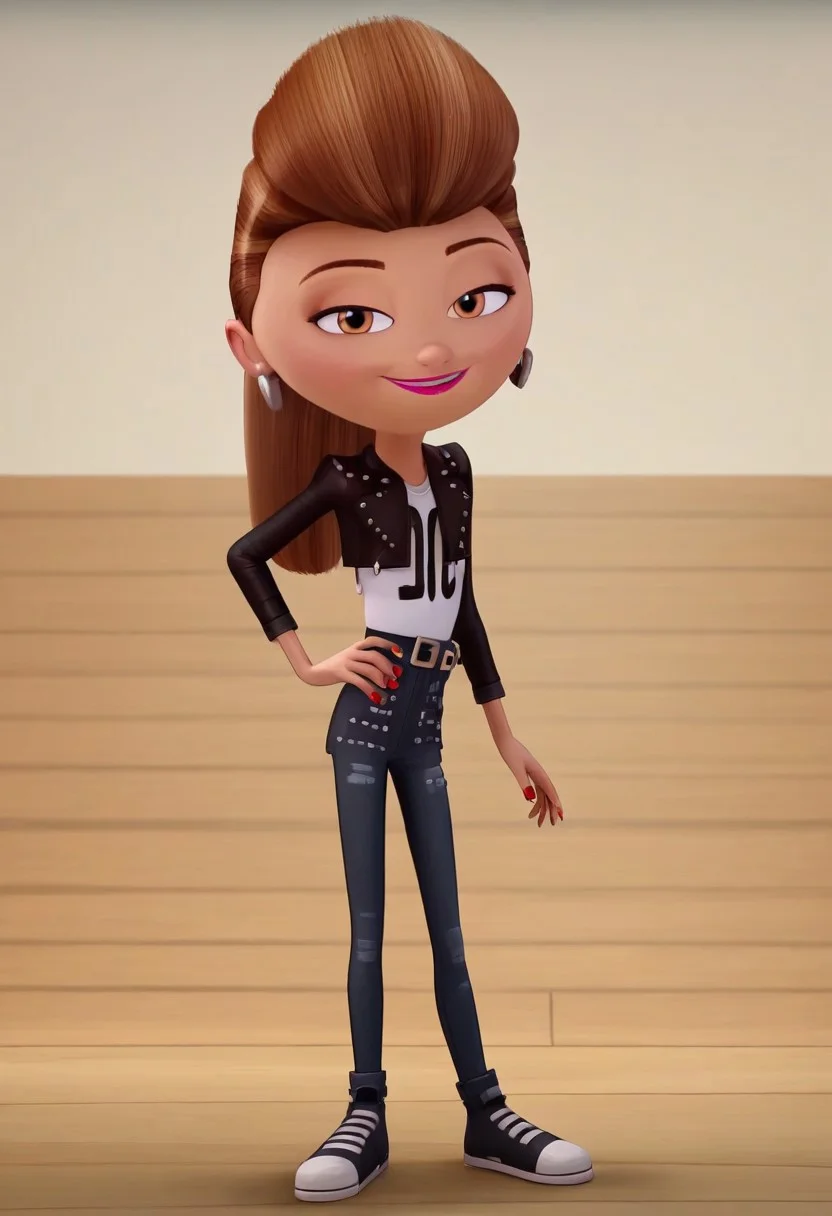 Brittany from gnome alone,brown hair,ponytail,brown eyes,pompadour,black jacket,lether jacket,nail polish,full body view,looking at viewer,smile,earrings