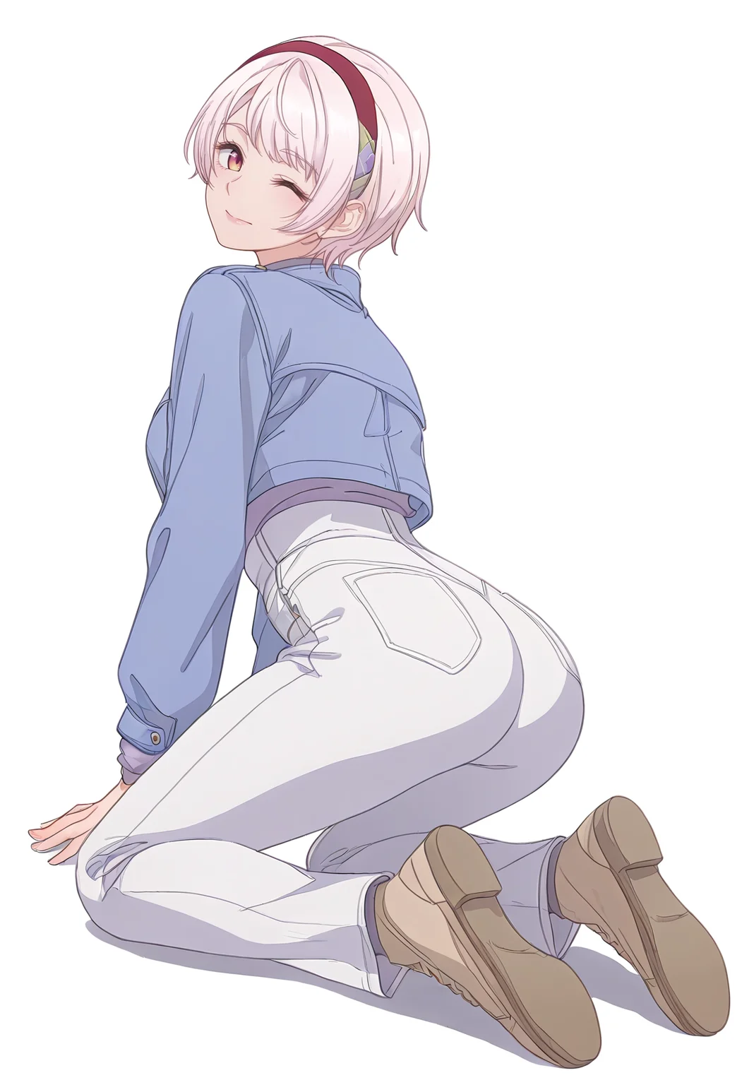 Smooth Quality,masterpiece,beautiful aesthetic, very intricate, high quality details, ultra realistic, high detailed skin,
simple background, white background,
one eye closed,from behind,kneeling, one hand on ground, reaching forward, focused, tense, ,
high-waist pants, ,cropped jacket,
<lora:Natsukawa_Renacnn:0.8> rena/cnn, 1girl, short hair,