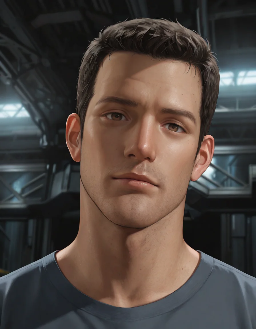 masterpiece, best quality, absurdres, newest, perfect quality, best quality, absolutely eye-catching, detailed background, intricate details, male focus, solo, realistic, <lora:Final Fantasy Spirits Within - Gray Edwards - Illustrious_1-000011:0.7>, g_edwards, 1boy, mature male, black hair, very short hair, brown eyes, stubble, grey shirt, hangar, looking at viewer, portrait, flirty, head tilt