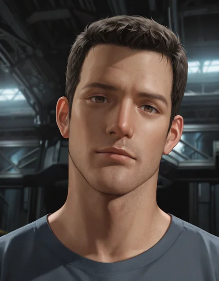 masterpiece, best quality, absurdres, newest, perfect quality, best quality, absolutely eye-catching, detailed background, intricate details, male focus, solo, realistic, <lora:Final Fantasy Spirits Within - Gray Edwards - Illustrious_1-000011:0.7>, g_edwards, 1boy, mature male, black hair, very short hair, brown eyes, stubble, grey shirt, hangar, looking at viewer, portrait, flirty, head tilt