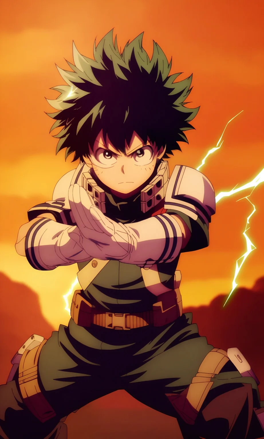 (masterpiece), (best quality), (intricate details, very aesthetic), good hands, <lora:Anime_Screencap_Enhancement-v1:1.3>, fine_ascxl anime screencap, 1boy, male focus, midoriya izuku, boku no hero academia, green hair, electricity, green clothes, white gloves, hands, cowboy shot, sunset, orange sky, cowboy shot, looking at viewer, outdoors, fighting stance, serious, v-shaped eyebrows, <lora:sd_xl_dpo_lora_v1:1>
