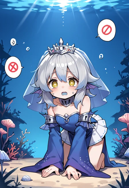 (score_9:0.9),score_8_up,score_7_up,rating_safe,anime style,(zPDXL),(zPDXL3),<lora:Tearlaments Merrli ponyXL v1.1:0.55>,tearlaments merrli,blue dress,silver tiara,blue detached sleeves,mermaid,calf fins,solo,1girl,speech bubble,open mouth,all fours,empty eyes,tears,sleeves past wrists,white colored skin,:d,crying with eyes open,blue bridal veil,gradient,prohibited symbol,underwater,