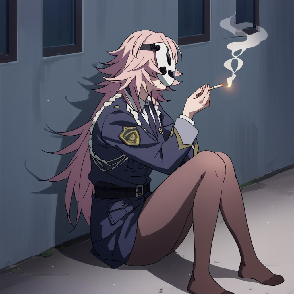 score_9, score_8_up, score_7_up, score_6_up, score_5_up, score_4_up, source_anime,  YayoiKUSAKABE, police woman, skirt, pantyhose, mask, sitting, handheld, smoking