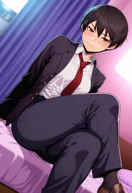 masterpiece, best quality, amazing quality, 1girl, solo, fumikoww, tomboy, brown eyes, black hair, short hair, mole under eye, medium breasts, (crossdressing:1.3), school uniform, blazer, jacket, white collared shirt, (pants:1.2), necktie, loafers, <lora:Fujishiro_Fumiko_Killer_Queen_ill:0.9>, dutch angle, sitting, crossed legs, looking at viewer, (seductive smile, half-closed eyes), closed mouth, blush, indoors, bedroom, bed, skindentation, detailed clothing folds, depth of field, sharp, high contrast, dynamic light