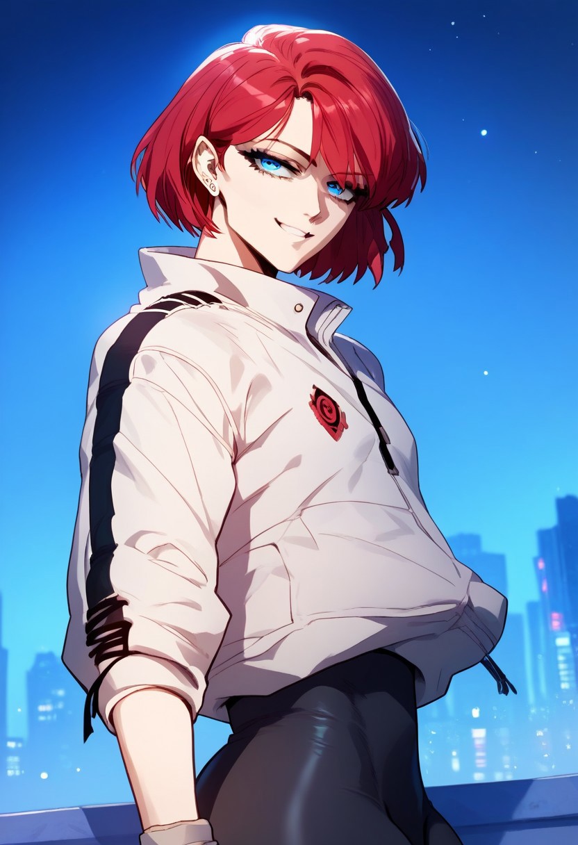 zPDXL2, score_9_up, score_8_up, score_7_up, (Anime_source), high detail face, best quality, absurd res, 1girl, Yeong-Ju, blue eyes, red hair, short hair, Yeong clothes, earrings, cyber city, cowboy shot, from side, looking at viewer, smile, night sky, cyber streets,
