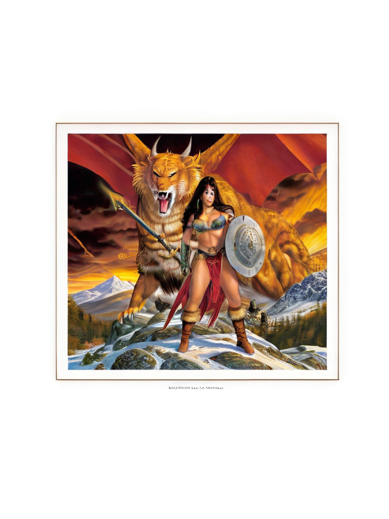 paint,  Elmore_Style_LX , girl, (nude) posing, Powerful hero, adventure, cinematic, epic outdoor location, fantasy illustration, cinematic scene by dragonlance fantasy illustrations of a 1woman barbarian, skimpy armor, Huge breasts, bikini armor, sexy barbarian nude , with sword with a magic items, in the background epic winter sunset Fantasy masterpiece by Larry Elmore , dragonlance , <lora:Elmore_Style_LX:0.7>