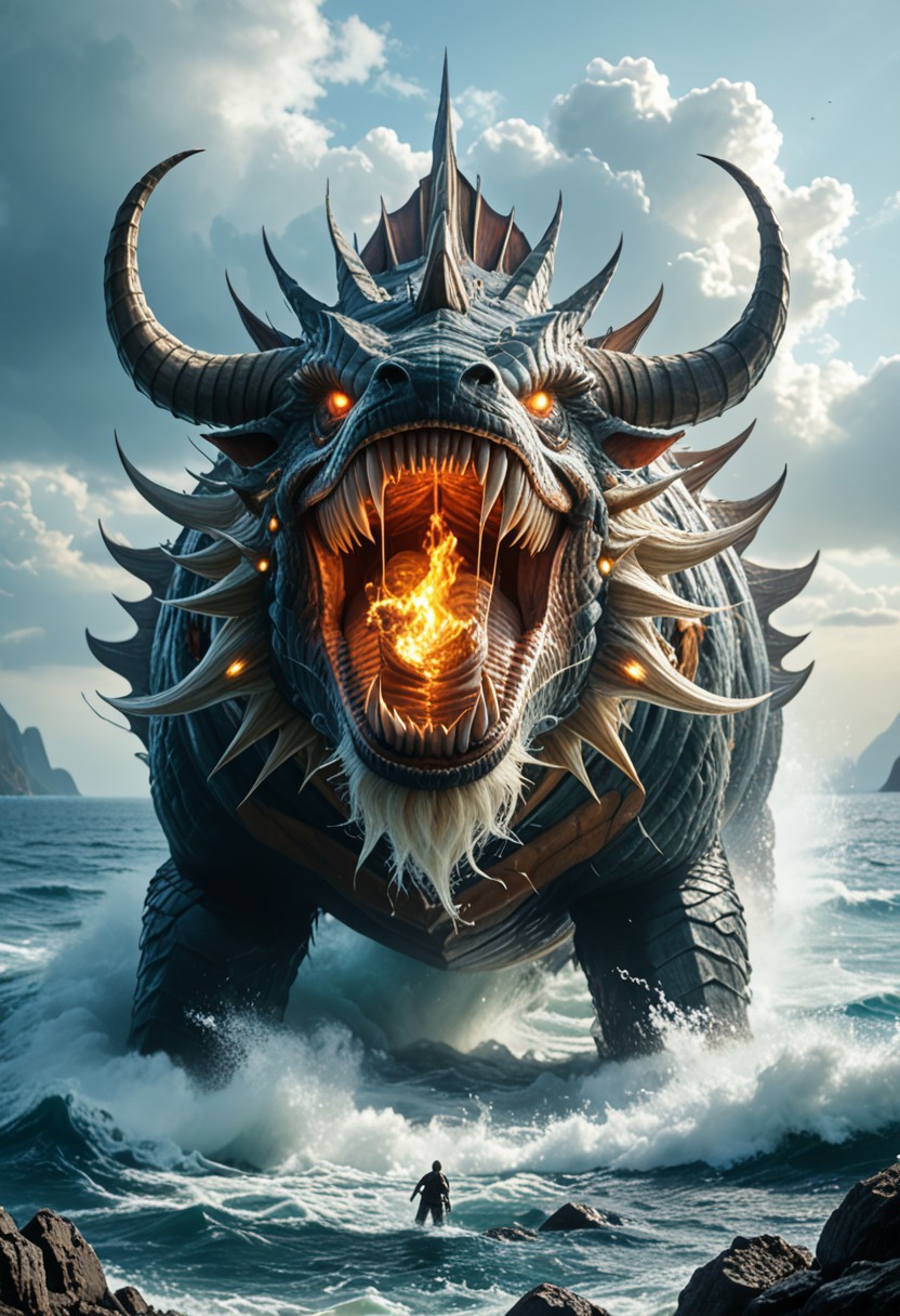 The Leviathan, a colossal sea creature of divine terror and majesty, rises from the abyss, its scaly, armored body glistening under a storm-ridden sky. Towering waves crash against its massive form as its serpentine body coils and twists, partially submerged in the churning ocean. Its gargantuan jaws, lined with jagged, glistening fangs, part to release an ear-shattering roar that shakes the heavens.
Lightning illuminates the creature’s burning eyes, glowing with an unnatural, almost celestial fire. Its ridged back, covered in impenetrable plates, pierces through the water like jagged mountains, while its long, barbed tail lashes with the force of a tidal wave, scattering ships like driftwood.
The surrounding sea is in chaos—wreckage of vessels old and new float aimlessly, remnants of past encounters with the unkillable beast. In the distance, horrified sailors cling to their shattered ships, whispering prayers as the living nightmare moves with deliberate, unstoppable force.
A being of both divine wrath and enigmatic purpose, the Leviathan is no mere monster—it is a harbinger, a force beyond human understanding, its existence woven into the fabric of creation itself.
Ultra-detailed, cinematic lighting, biblical mythological horror, epic oceanic destruction, dark and moody composition