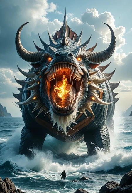 The Leviathan, a colossal sea creature of divine terror and majesty, rises from the abyss, its scaly, armored body glistening under a storm-ridden sky. Towering waves crash against its massive form as its serpentine body coils and twists, partially submerged in the churning ocean. Its gargantuan jaws, lined with jagged, glistening fangs, part to release an ear-shattering roar that shakes the heavens.
Lightning illuminates the creature’s burning eyes, glowing with an unnatural, almost celestial fire. Its ridged back, covered in impenetrable plates, pierces through the water like jagged mountains, while its long, barbed tail lashes with the force of a tidal wave, scattering ships like driftwood.
The surrounding sea is in chaos—wreckage of vessels old and new float aimlessly, remnants of past encounters with the unkillable beast. In the distance, horrified sailors cling to their shattered ships, whispering prayers as the living nightmare moves with deliberate, unstoppable force.
A being of both divine wrath and enigmatic purpose, the Leviathan is no mere monster—it is a harbinger, a force beyond human understanding, its existence woven into the fabric of creation itself.
Ultra-detailed, cinematic lighting, biblical mythological horror, epic oceanic destruction, dark and moody composition