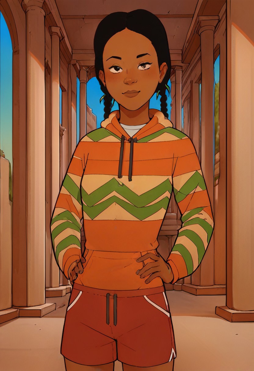 KOTHLupe, 1girl, dark-skinned female, black hair, twin braids, hoodie, striped, red shorts,
uncensored, score_9__up, score_9, score_8_up, score_8, score_7_up, score_7, score_6_up, score_6, score_5_up, source_cartoon, highres, Rating_Safe, safe_pos
standing, hands on hip, upper body, cowboy shot, temple, indoors, ruins, pillars, looking at viewer, face focus