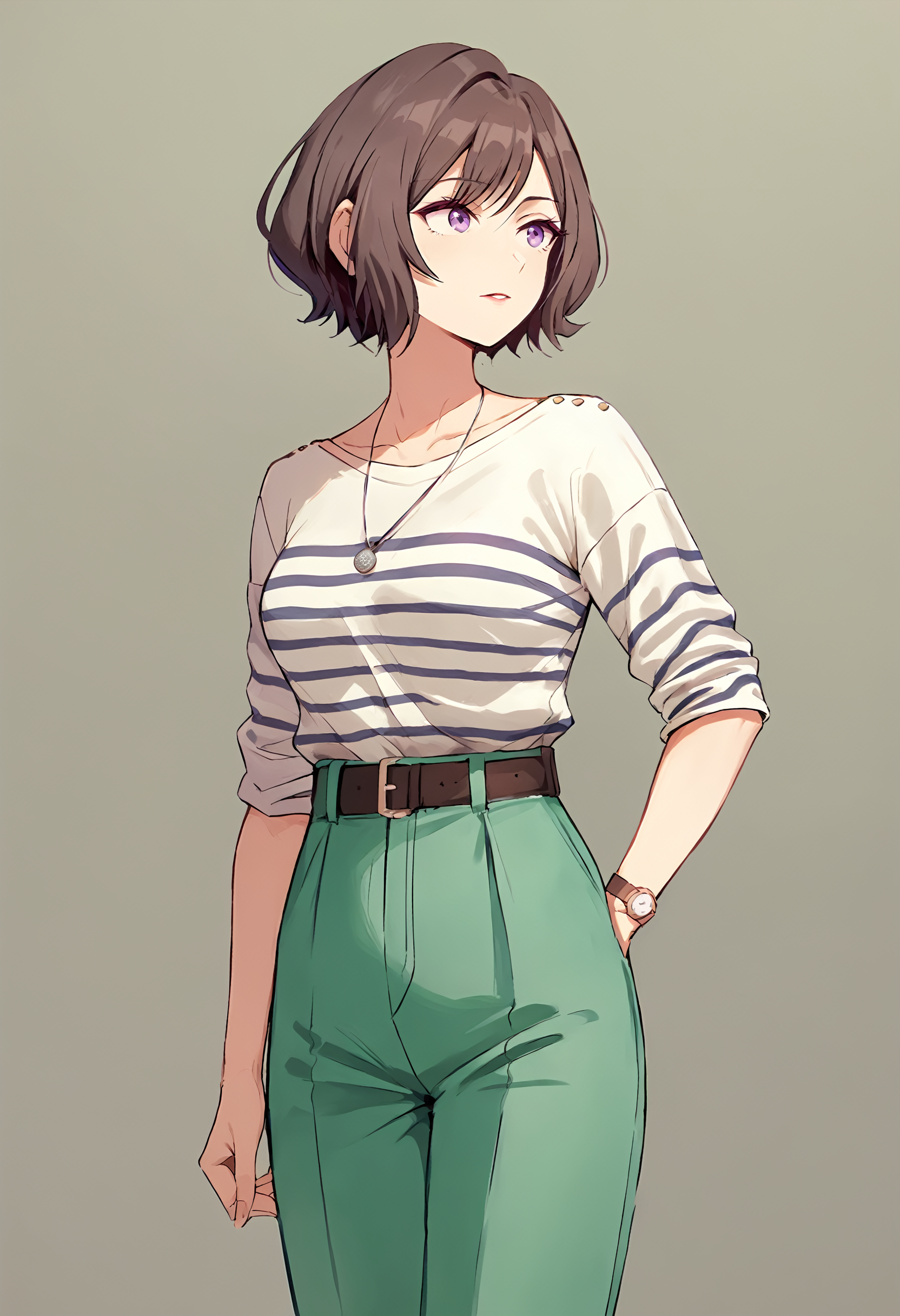 (score_9, score_8_up, score_7_up), 1girl, neo asari, necklace, wristwatch, green pants, cowboy shot, simple background, <lora:gakuen-imPO-v2e-000008:0.9>