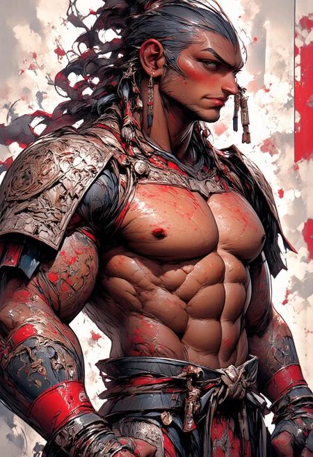 oil painting, rough, textural, broad brush strokes, portrait of the most sexy Japanese samurai woman, chest focus, best quality, masterpiece, 8k, highly detailed, beautiful,  red lips, wear red and white traditional armour, (armour:1.5), (huge breasts: 2.0), Slicked-back long hair, sidelocks, long mismatched earrings, with a katana in hand, mythp0rt,