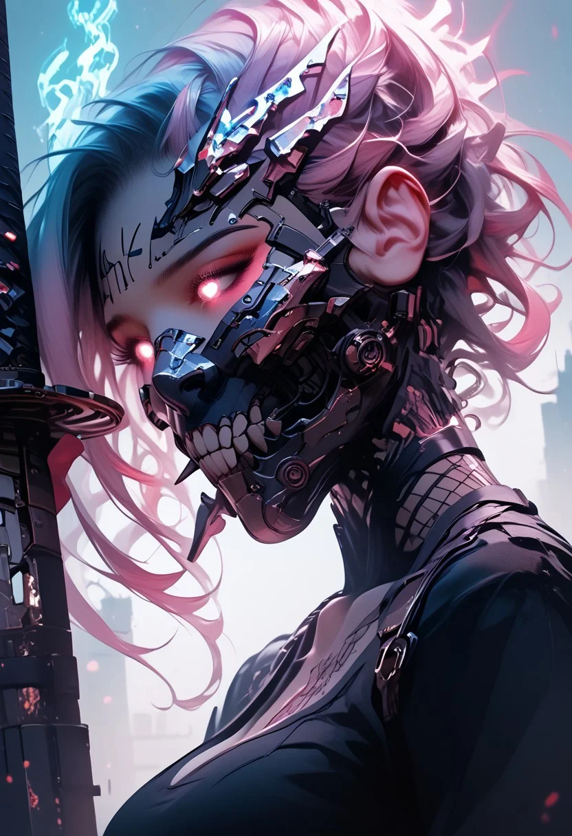 masterpiece, best quality, highly detailed, score_9, score_8_up, score_7_up, realistic, best quality,4k, masterpiece, realistic skin texture, Selena, 1girl, mouth mask, very long hair, wavy cut, pink hair, blue gradient hair, two tone hair, cybernetic eyes, swordsman, mask, holding a sword in hand, with glowing light effects, large breasts, beautiful face, beautiful lips, (black fishnet top), HD32k, posing, dynamic pose, cyberpunk, city, Dutch angle, Expressiveh, hkwarrior, arm0rpunkv4, bioluminescent, glowing, (exposed shoulders), (chest exposed),
masterpiece, absurdres, (high quality), (detailed character design), (ultra-high resolution), perfectly composed, clear, breathtaking attention to detail, high-resolution, ultra detail, uncensored,