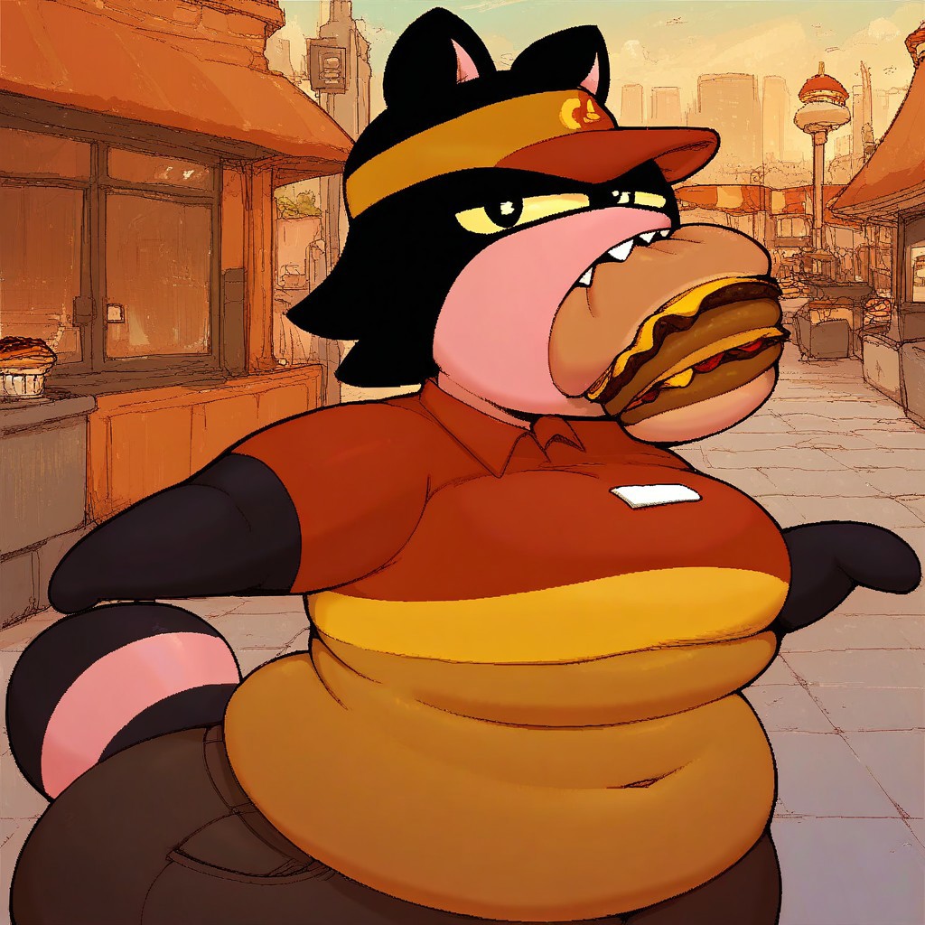 score_9, score_8_up, score_7_up, CandiBK, yellow sclera, sharp teeth, raccoon ears, raccoon tail, black iris, black hair, fast food uniform, holding burger with both hands, wide open mouth, about to bite burger, looking at viewer with side eye, standing, outside,