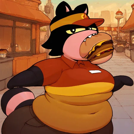 score_9, score_8_up, score_7_up, CandiBK, yellow sclera, sharp teeth, raccoon ears, raccoon tail, black iris, black hair, fast food uniform, holding burger with both hands, wide open mouth, about to bite burger, looking at viewer with side eye, standing, outside,