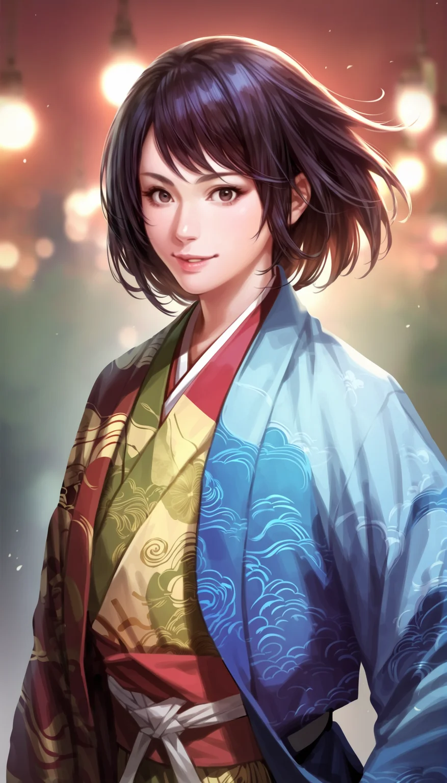 score_9,score_8_up,score_7_up,
highly detailed,highres,<lora:naotoraIi:0.8>,naotora ii,
1girl,solo,black hair,short hair,bangs,
brown eyes,looking at viewer,smile,parted lips,
kimono,layered blue and orange fabric with yellow accents,intricate patterns,black ribbon,white sash,
upper body,
simple background,
blurry background,