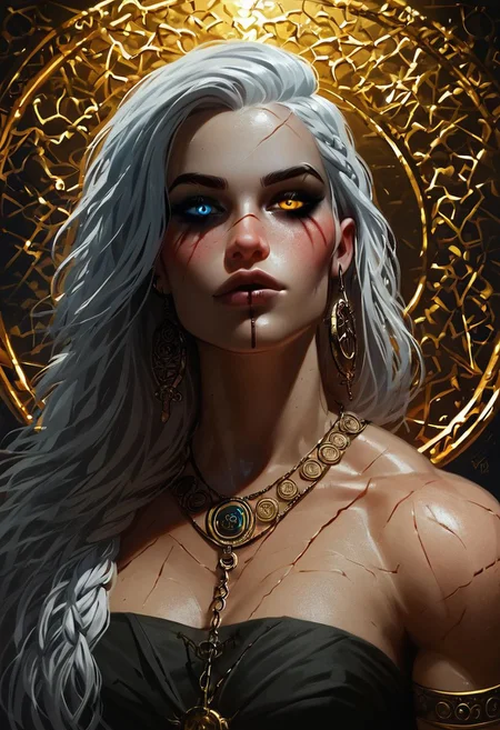 score_9, score_8_up, score_7_up, 1dk,,solo , 18yo,  glistening skin, (colorful), (((ultra realistic image))), glowing, looking at viewer, OverallDetail, athletic, toned female, biceps, scars, cocky smile, bedroom eyes, perspective, sensual, blushing,( glowing green tattoo:0.7), (glowing eyes:0.4), golden jewelry, arm ring, ancient greek robes, goddess, wielding an intricate golden spear, yasha, critical role, aasimar, heterochromia, short white hair, angel wings