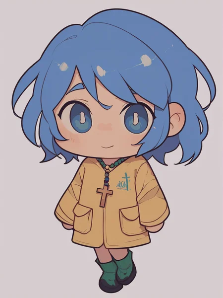 score_9, score_8_up, score_7_up, score_anime, uncensored, BREAK white background, <lora:Luce_PDXLv0-000007:0.8> 1girl, luce, cross necklace, yellow raincoat, <lora:SKNL_Chibi_XL:1> sknl chibi, blue hair, green rubber boots