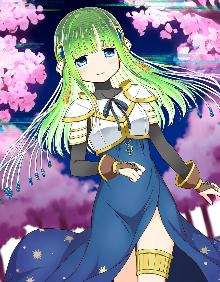 masterpiece, best quality, newest, absurdres, highres, safe, 1girl, nanami yachiyo, magia record: mahou shoujo madoka magica gaiden, glitch hair, glitch, green hair, smile, solo, outdoors, cherry blossoms, night, dutch angle, <lora:nanami_yachiyo_noobaiXLNAIXL_vPred10Version:0.7>