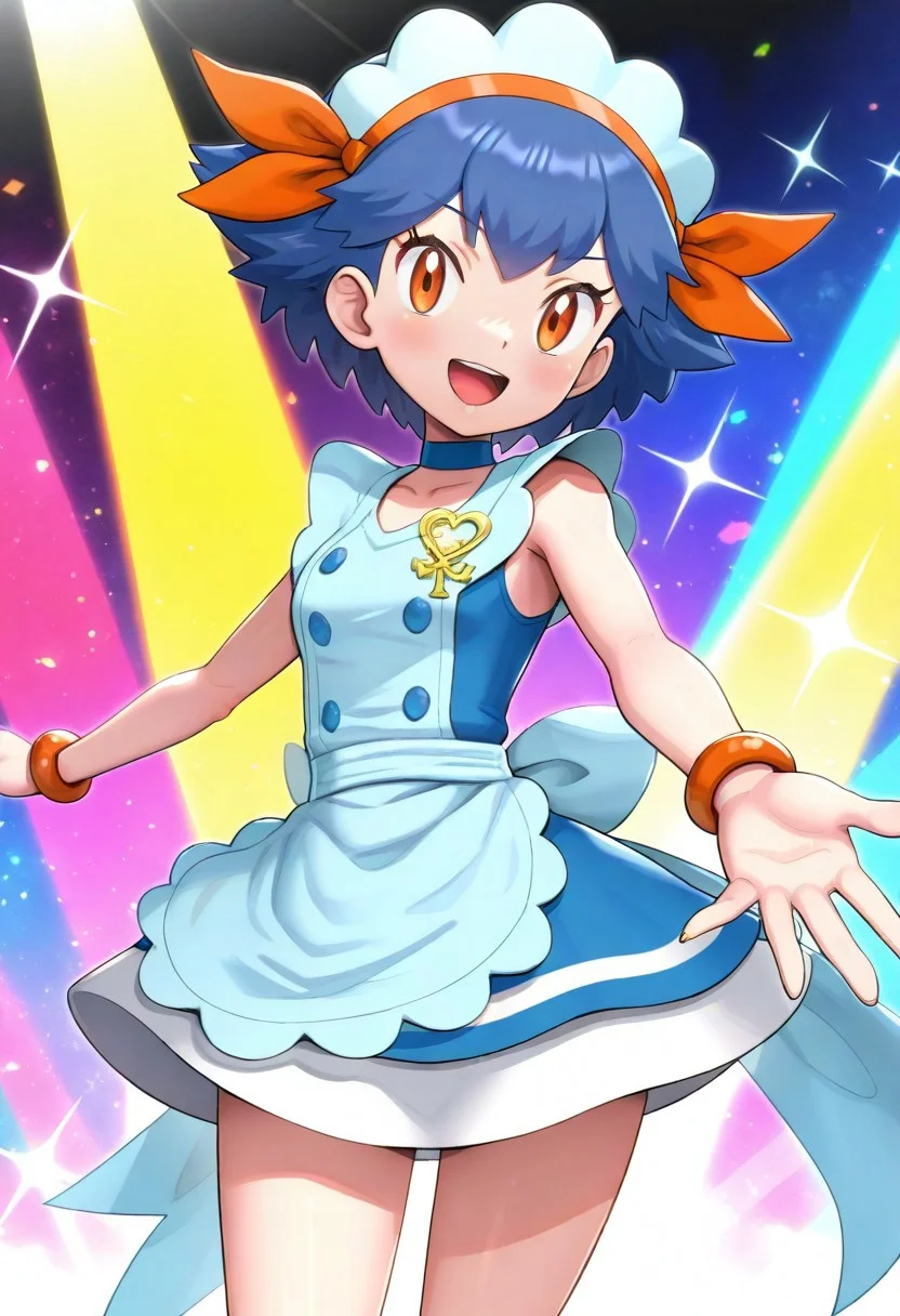 [hinosaki, pokemoa, gonzarez], 2d, masterpiece, best quality, amazing quality, highres, absurdres, newest, 1girl, solo, smile, open mouth, looking at viewer, colorful background, shining, sparkle, spotlight, multicolored background, color splashes,cmiette, miette \(pokemon\), orange eyes, blue hair, short hair, headdress, sleeveless, short dress, apron, jewelry, buttons, bracelet