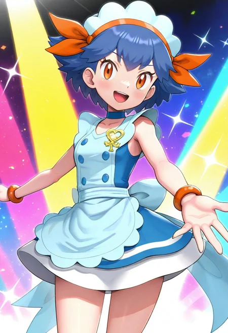 [hinosaki, pokemoa, gonzarez], 2d, masterpiece, best quality, amazing quality, highres, absurdres, newest, 1girl, solo, smile, open mouth, looking at viewer, colorful background, shining, sparkle, spotlight, multicolored background, color splashes,cmiette, miette \(pokemon\), orange eyes, blue hair, short hair, headdress, sleeveless, short dress, apron, jewelry, buttons, bracelet