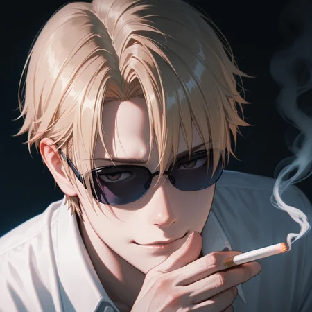 masterpiece, best quality, amazing quality, absurdres, newest, detailed background, definition so sharp, Ultra-HD, 8K cinematic, very awa, impressionate, amazing quality, highres,
solo, male focus, manly,
1boy, short hair, izumo_blonde, izumo_brown eyes, izumokusanagi, sunglasses \(on face\), holding cigarette, smoke, intricate smoke, ethereal, soft light, dark background, slight smirk, alluring, pensive, calm, cool colors, blue light, close up, thoughtful expression,