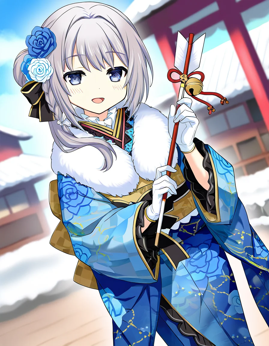 masterpiece, best quality, newest, absurdres, highres, safe, 1girl, yakumo mitama \(haregi costume\), magia record: mahou shoujo madoka magica gaiden, holding hamaya, smile, open mouth, solo, day, outdoors, dutch angle, <lora:yakumo_mitama_noobaiXLNAIXL_vPred10Version:0.7>