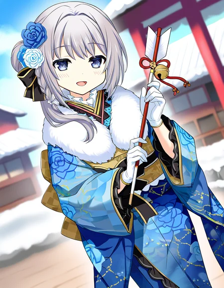 masterpiece, best quality, newest, absurdres, highres, safe, 1girl, yakumo mitama \(haregi costume\), magia record: mahou shoujo madoka magica gaiden, holding hamaya, smile, open mouth, solo, day, outdoors, dutch angle, <lora:yakumo_mitama_noobaiXLNAIXL_vPred10Version:0.7>