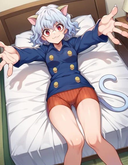score_9, score_8_up, score_7_up, source_anime,
neferpitou, <lora:neferpitou-ponyxl-lora-nochekaiser:1>,
neferpitou, short hair, red eyes, animal ears, tail, white hair, cat ears, cat tail, curly hair, smile,
long sleeves, shorts,
indoors, bed, bed room, on back, arm support, arms up, incoming hug, pov, reaching, reaching towards viewer,
looking at viewer, dutch angle, cowboy shot,